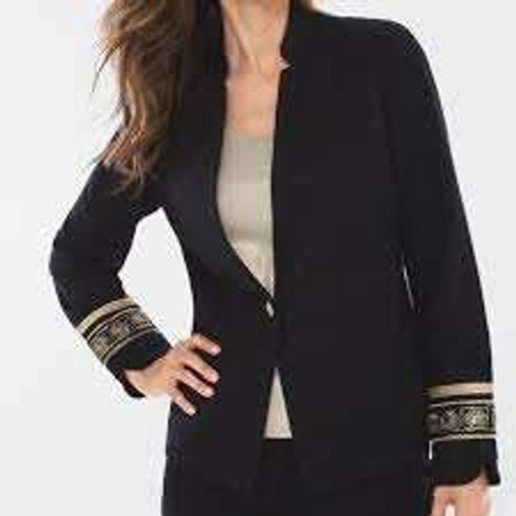 Chico's Black Blazer Jacket Size 8 Medium Gold Button Embroidered‎ Long - Picture 13 of 13